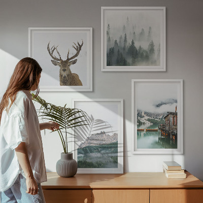 Multi-piece wall decor set Mountains lake deer cottage fog