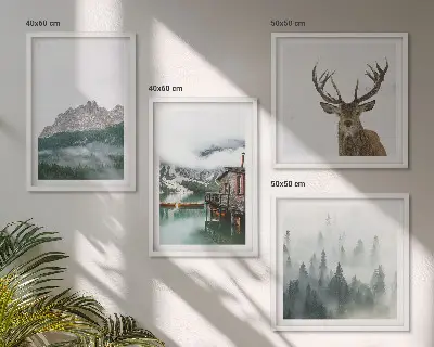 Multi-piece wall decor set featuring mountains, a lake, deer, a cottage, and fog