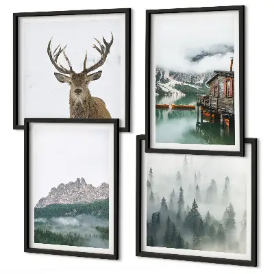 Multi-piece wall decor set featuring mountains, a lake, deer, a cottage, and fog