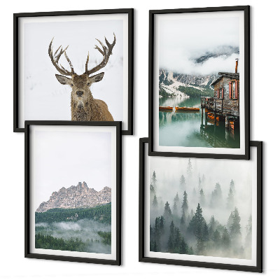 Multi-piece wall decor set Mountains lake deer cottage fog