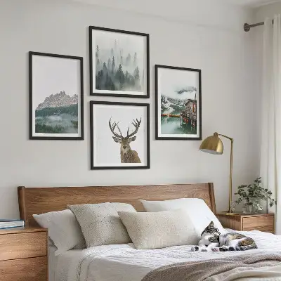 Multi-piece wall decor set featuring mountains, a lake, deer, a cottage, and fog