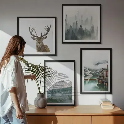 Multi-piece wall decor set featuring mountains, a lake, deer, a cottage, and fog