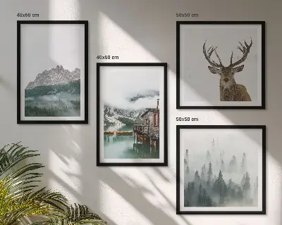 Multi-piece wall decor set featuring mountains, a lake, deer, a cottage, and fog