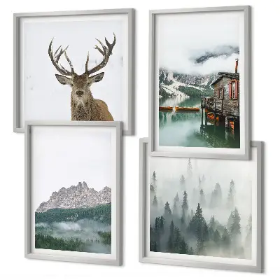 Multi-piece wall decor set featuring mountains, a lake, deer, a cottage, and fog