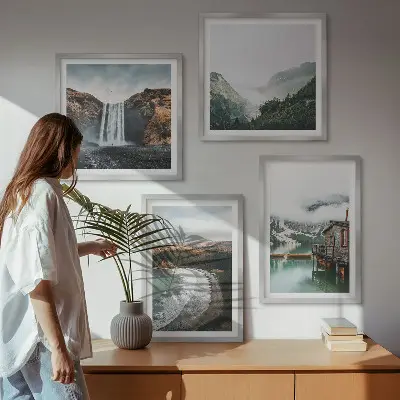 Multi-piece wall decor set featuring a mountain, beach, and cloud seascape