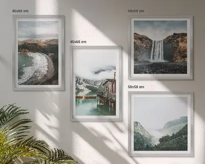 Multi-piece wall decor set featuring a mountain, beach, and cloud seascape