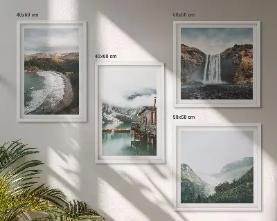 Multi-piece wall decor set featuring a mountain, beach, and cloud seascape