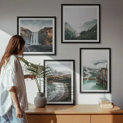 Multi-piece wall decor set featuring a mountain, beach, and cloud seascape