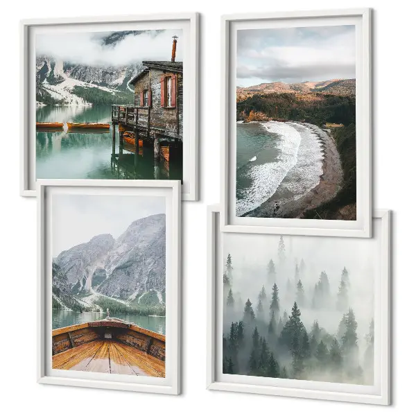Set of 4 wall art pieces featuring mountains, a lake, a boat, fog, and a beach