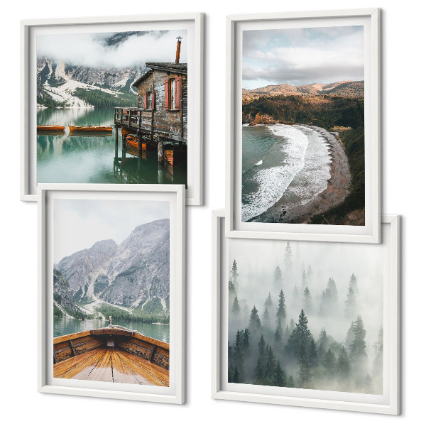 Set of 4 wall art pieces Mountains, lake, boat, fog, beach