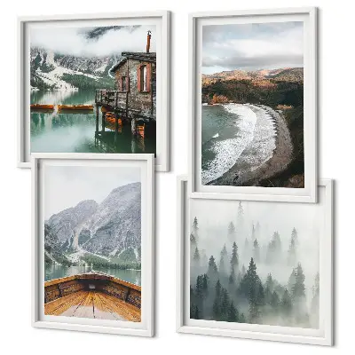 Set of 4 wall art pieces featuring mountains, a lake, a boat, fog, and a beach