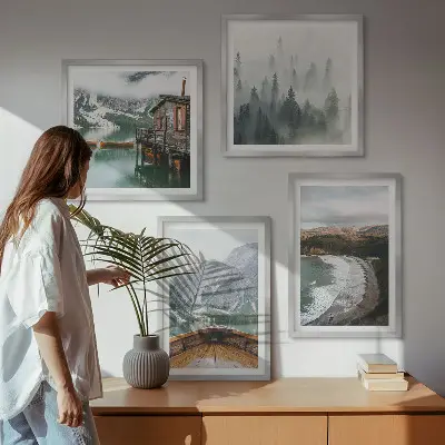 Set of 4 wall art pieces featuring mountains, a lake, a boat, fog, and a beach