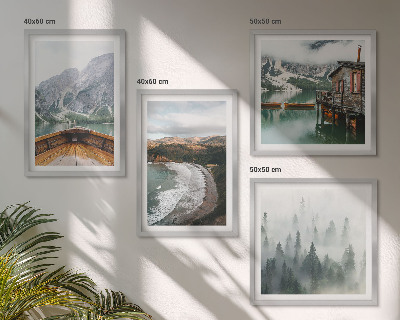 Set of 4 wall art pieces Mountains, lake, boat, fog, beach
