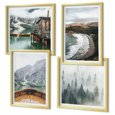 Set of 4 wall art pieces featuring mountains, a lake, a boat, fog, and a beach
