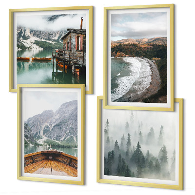 Set of 4 wall art pieces Mountains, lake, boat, fog, beach
