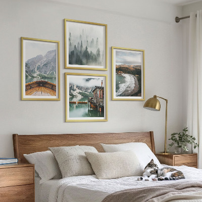 Set of 4 wall art pieces Mountains, lake, boat, fog, beach