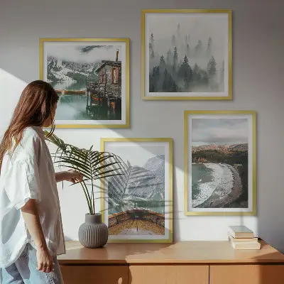 Set of 4 wall art pieces featuring mountains, a lake, a boat, fog, and a beach