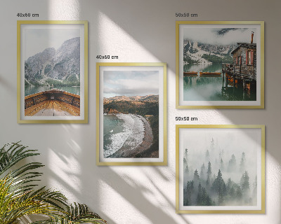 Set of 4 wall art pieces Mountains, lake, boat, fog, beach