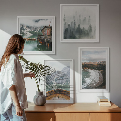 Set of 4 wall art pieces Mountains, lake, boat, fog, beach