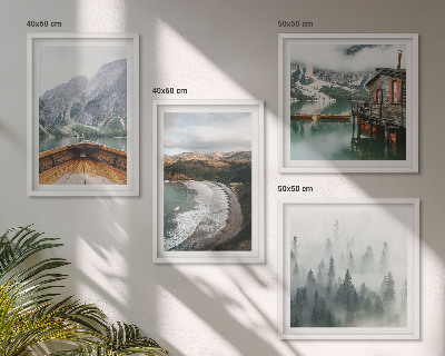 Set of 4 wall art pieces Mountains, lake, boat, fog, beach