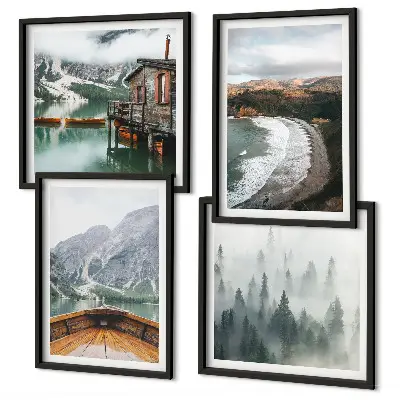 Set of 4 wall art pieces featuring mountains, a lake, a boat, fog, and a beach