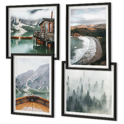 Set of 4 wall art pieces Mountains, lake, boat, fog, beach