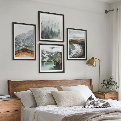 Set of 4 wall art pieces Mountains, lake, boat, fog, beach