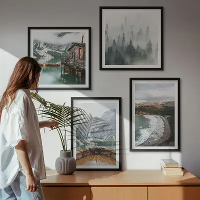 Set of 4 wall art pieces featuring mountains, a lake, a boat, fog, and a beach