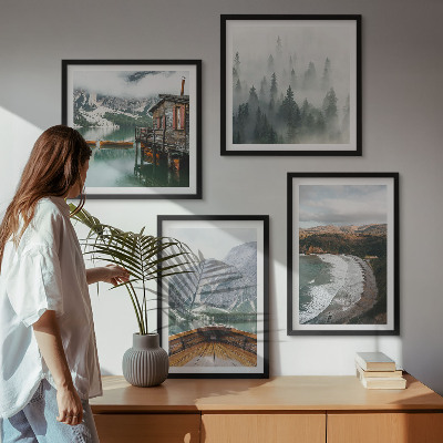 Set of 4 wall art pieces Mountains, lake, boat, fog, beach
