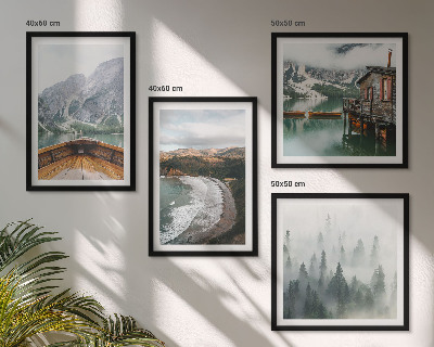 Set of 4 wall art pieces Mountains, lake, boat, fog, beach