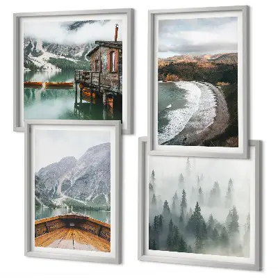 Set of 4 wall art pieces featuring mountains, a lake, a boat, fog, and a beach