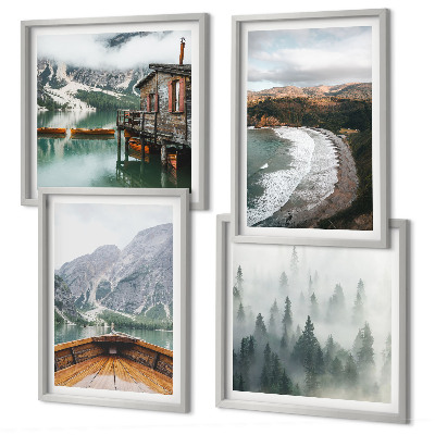 Set of 4 wall art pieces Mountains, lake, boat, fog, beach