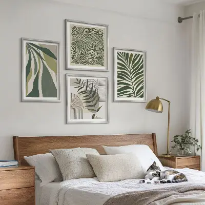 Wall art set leaves and waves pastel illustrations
