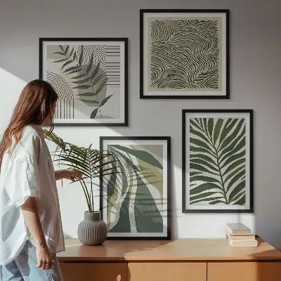 Wall art set leaves and waves pastel illustrations