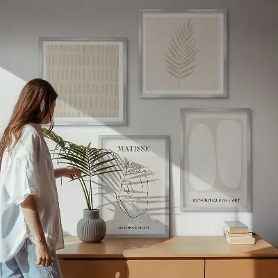 Wall art set with beige and white lines and shapes