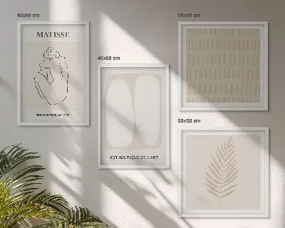 Wall art set with beige and white lines and shapes