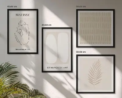 Wall art set with beige and white lines and shapes