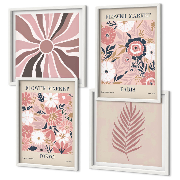 Set of 4 wall art pieces Floral patterns leaves geometry