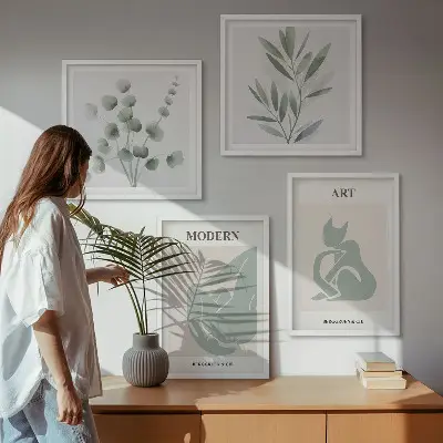 Wall art set plant motifs in delicate green