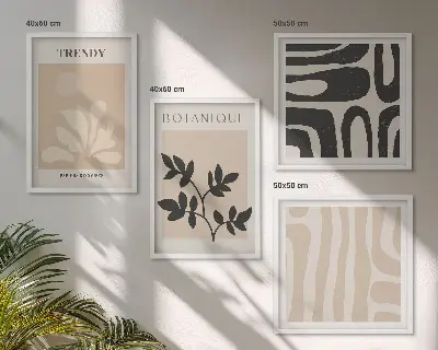 Wall art set with stylish plant patterns in beige and black
