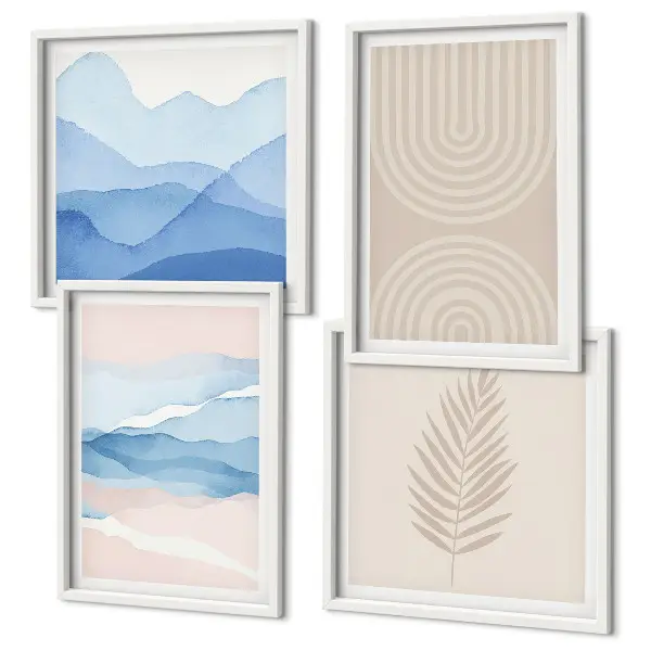 Set of 4 wall art pieces with beige and blue leaves and waves design