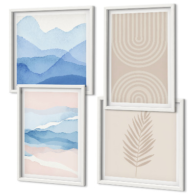 Set of 4 wall art pieces Leaves waves beige blue