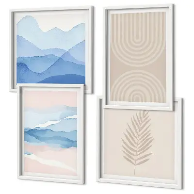 Set of 4 wall art pieces with beige and blue leaves and waves design