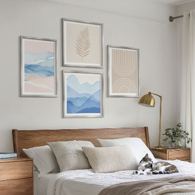 Set of 4 wall art pieces Leaves waves beige blue