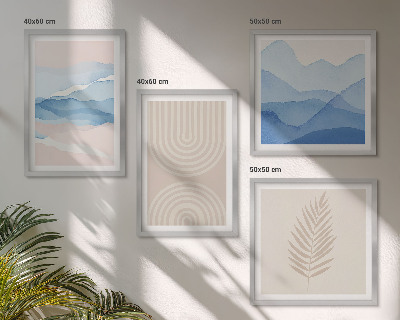Set of 4 wall art pieces Leaves waves beige blue