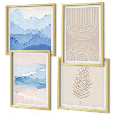 Set of 4 wall art pieces Leaves waves beige blue