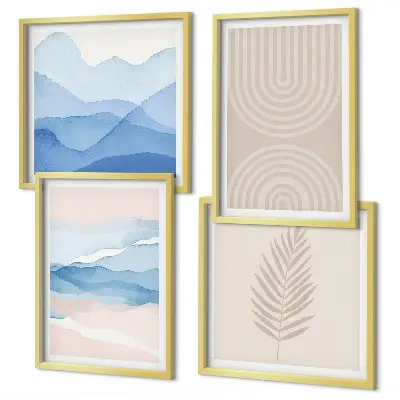 Set of 4 wall art pieces with beige and blue leaves and waves design