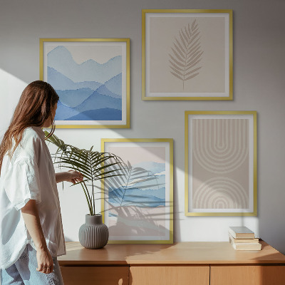 Set of 4 wall art pieces Leaves waves beige blue