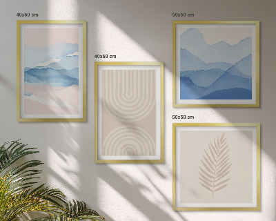 Set of 4 wall art pieces Leaves waves beige blue