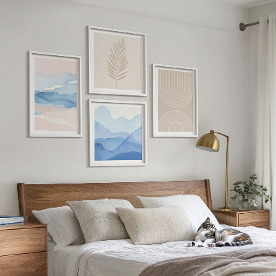 Set of 4 wall art pieces Leaves waves beige blue
